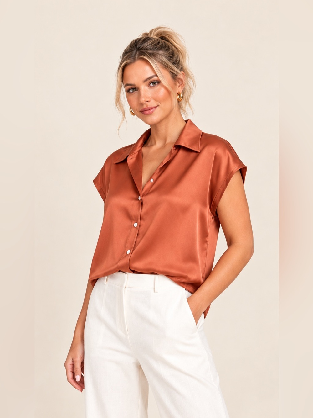 Rachel Zoe Rust Satin Button Down Blouse Medium Boxy Cap Sleeve Mother Of Pearl